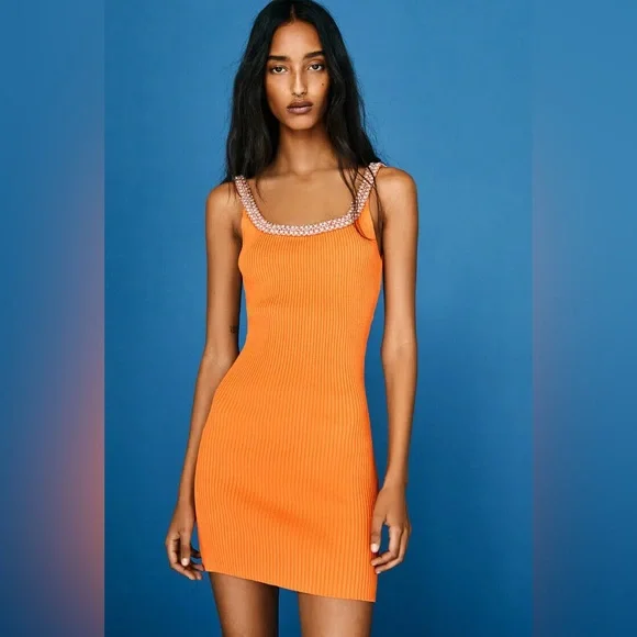 Zara Dresses Zara Orange Knit Mini Dress With Faux Pearls